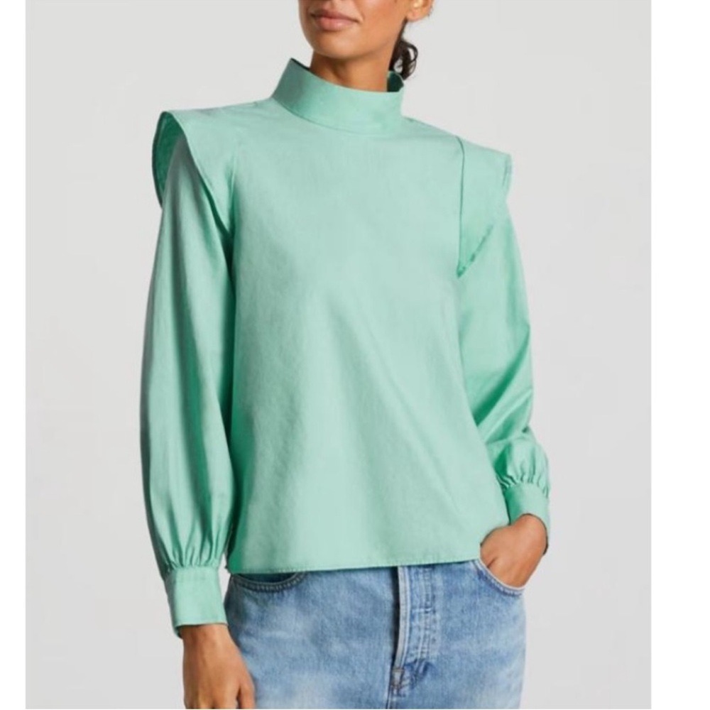 Everlane The Wing-Shoulder‎ Mockneck Top in Jade Green Cotton Size 2 NWOT